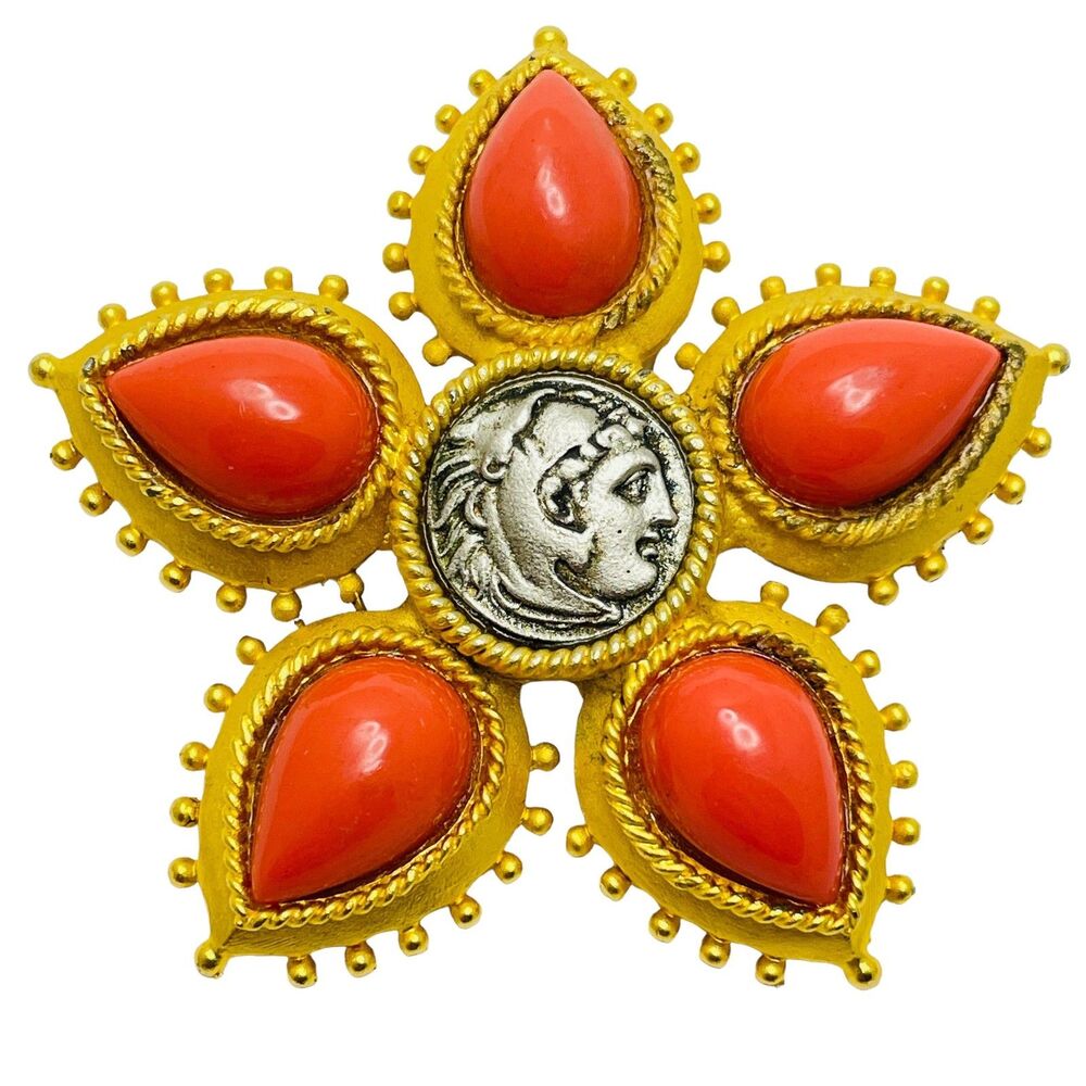 LINDA LEVINSON signed vintage gold silver coin coral designer runway brooch
